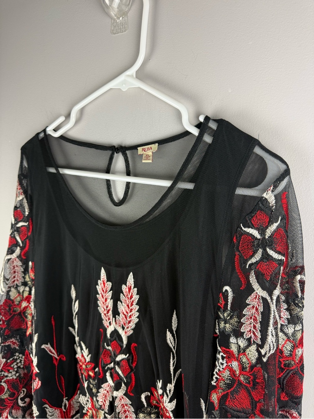 Reba Womens Black Red Mesh Embroidered Long Sleeve Lined Tunic Shirt Dress SZ XL